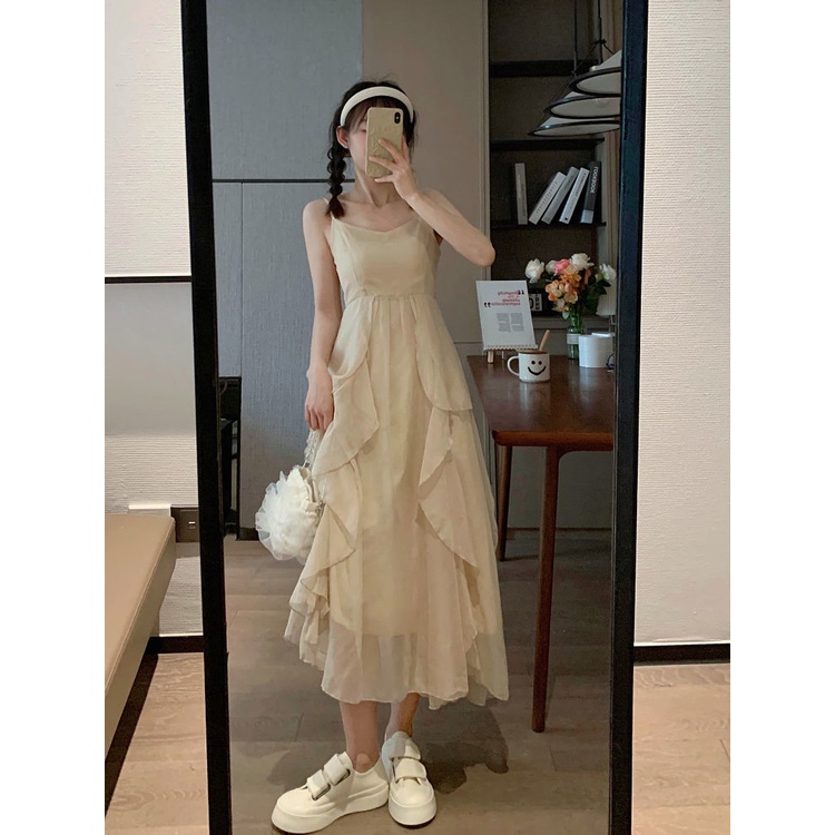 Đầm Dây Cho Nữ Đầm Dây Ngọt Ngào Sữa Retro Kiểu Pháp Đầm Ôm Eo