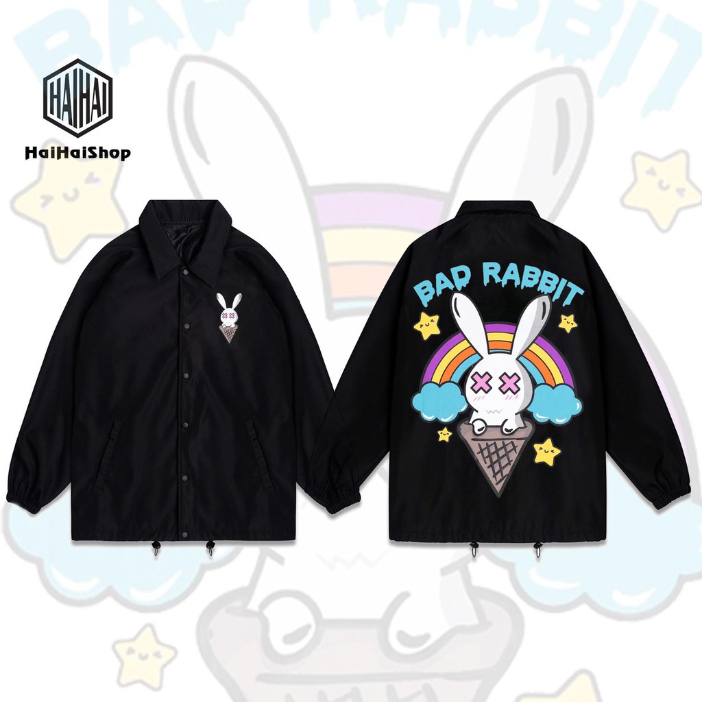 Áo Khoác Cổ Bẻ Thỏ Kem in KTS Form Rộng Dù 2 Lớp Phong Cách LocalBrand