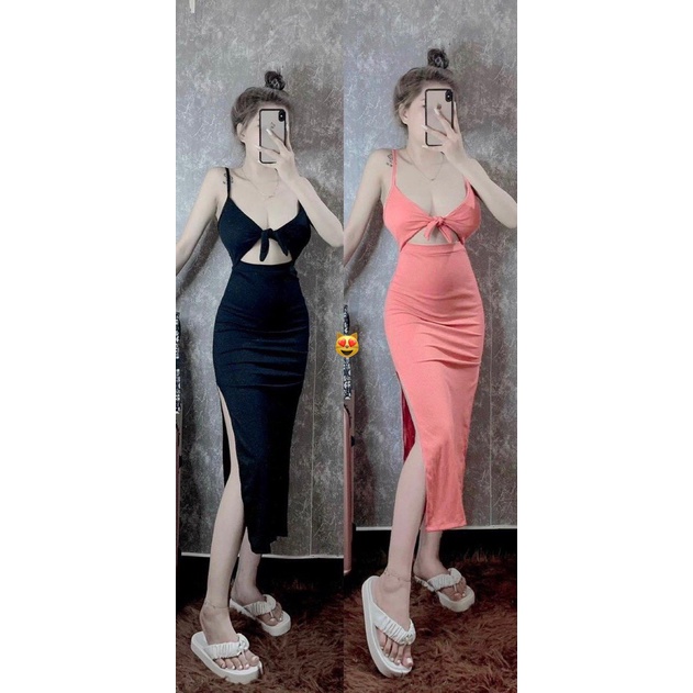 Đầm xốp body nữ dáng dài xẽ tà kiểu 2 dây phối dây buộc ngực hở bụng hot