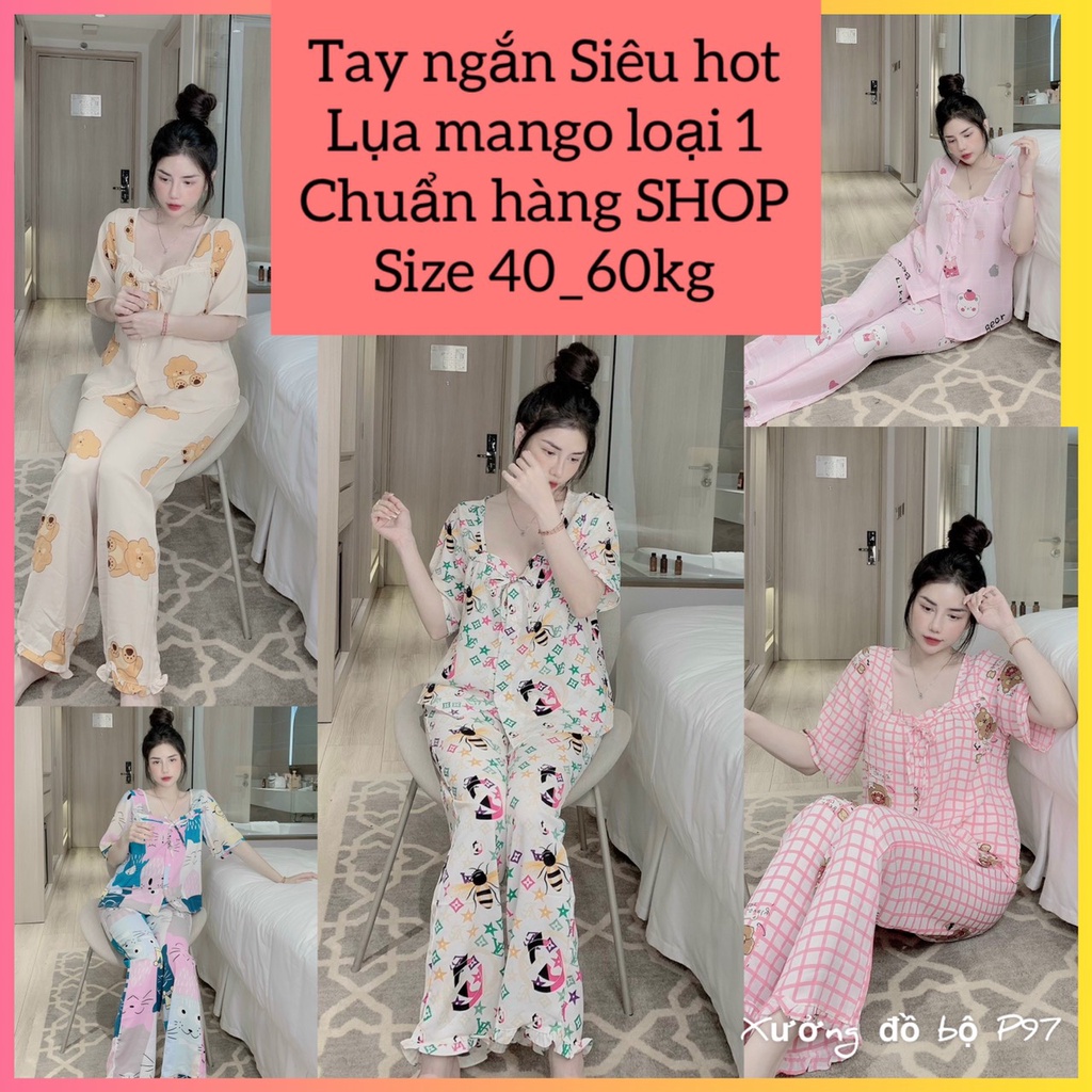 pijama tay ngắn cổ vuông thiết kế xinh size 40kg đến 60kg, chất liệu lụa cao cấp mềm mịn mát, giá rẻ tại xưởng đồ bộ P97