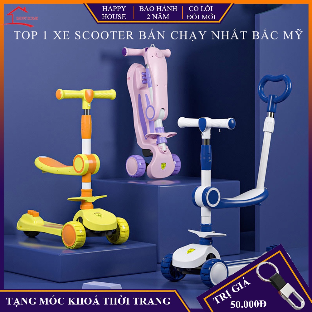 Xe trượt scooter bản cao cấp có ghế ngồi, bánh xe tích hợp đèn led có nhạc tay đẩy điều chỉnh độ cao phù hợp cho bé