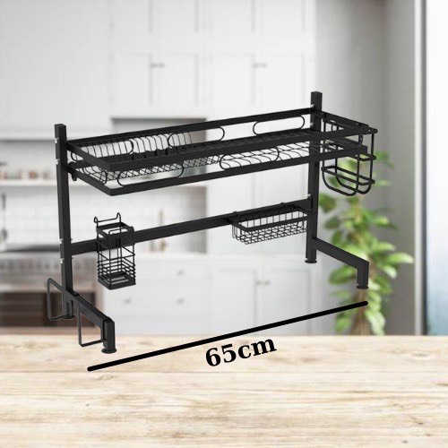 Kệ Để Bát Đĩa Đa Năng Thông Minh - Giá Để Đồ Chén Đĩa Dài 65cm Trên Bồn Rửa Bát Thép Carbon Sơn Đen Cao Cấp