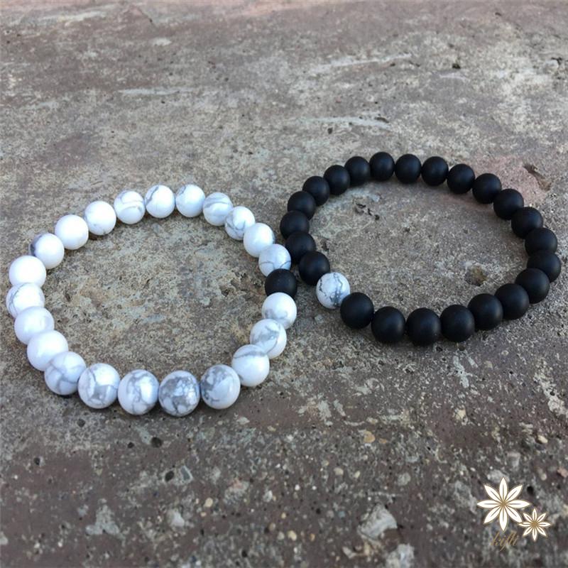 Set 2 Vòng Tay Chuỗi Hạt Đá Trắng Đen Tự Nhiên Cho Cặp Đôi