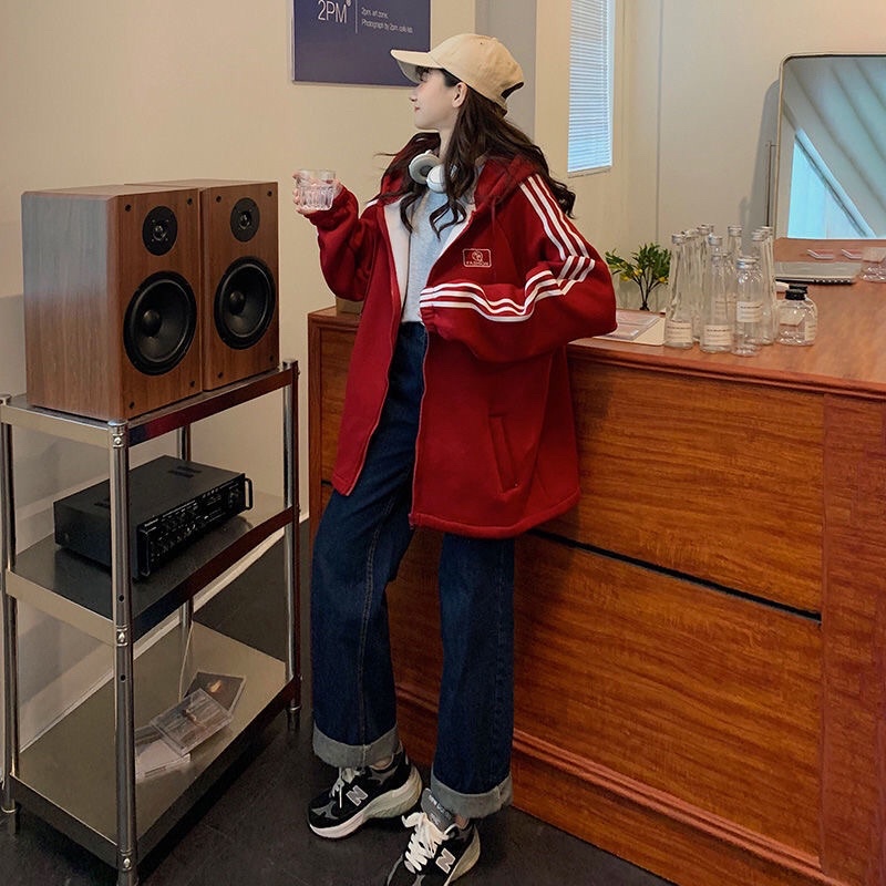 Áo khoác nỉ thể thao 3 sọc form rộng - Áo hoodie zip nỉ bông ullzang 3 màu