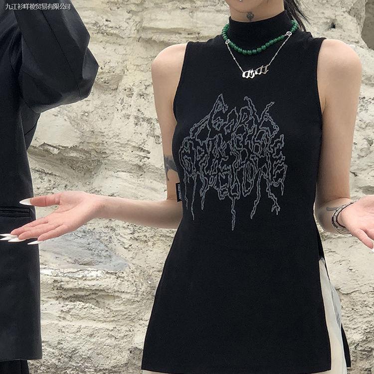 Áo Thun Cổ Cao Màu Đen Xẻ Tà Họa Tiết Trừu Tượng Dáng Ôm Phong Cách Retro Mỹ