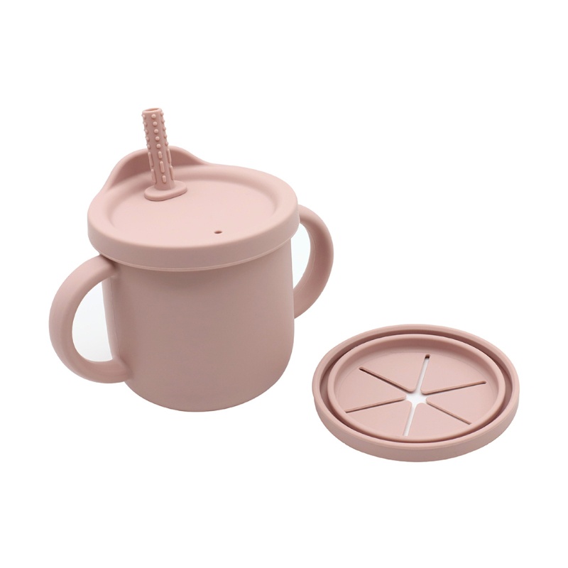 Cốc silicon 300ml đựng nước và thức ăn thiết kế tay cầm đôi có ống hút di động cho trẻ em