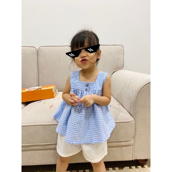 Bộ sát nách cổ vuông dáng baby doll caro xanh cho bé gái MIAN Baby