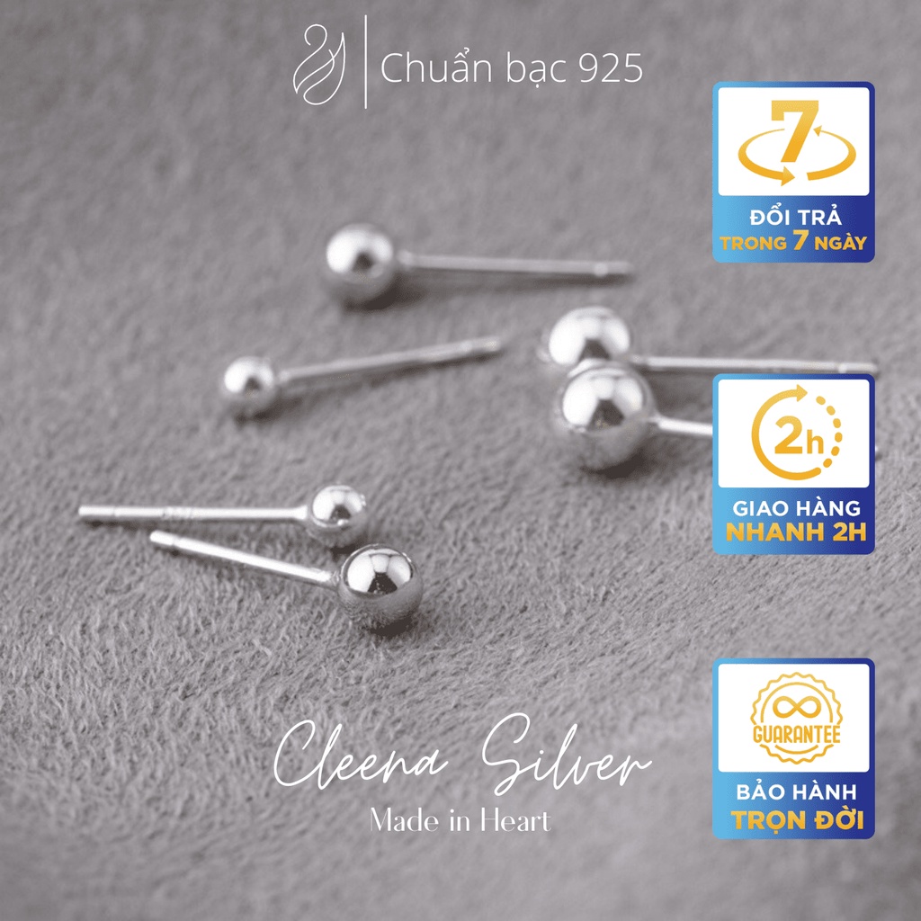 Khuyên tai bạc nữ nụ Basic hình cầu Cleena Silver, Bông tai bạc nụ bi tròn nhiều kích cỡ