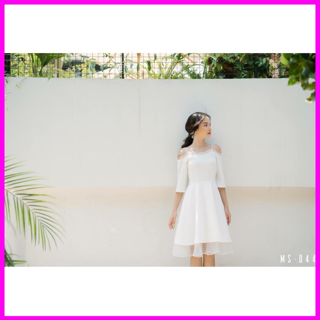[  Freeship ] Đầm Trễ Vai Trắng Dễ Thương Phối Lưới Dịu Dàng Siêu Xinh Đầm nữ dự tiệc , váy trắng cực xinh