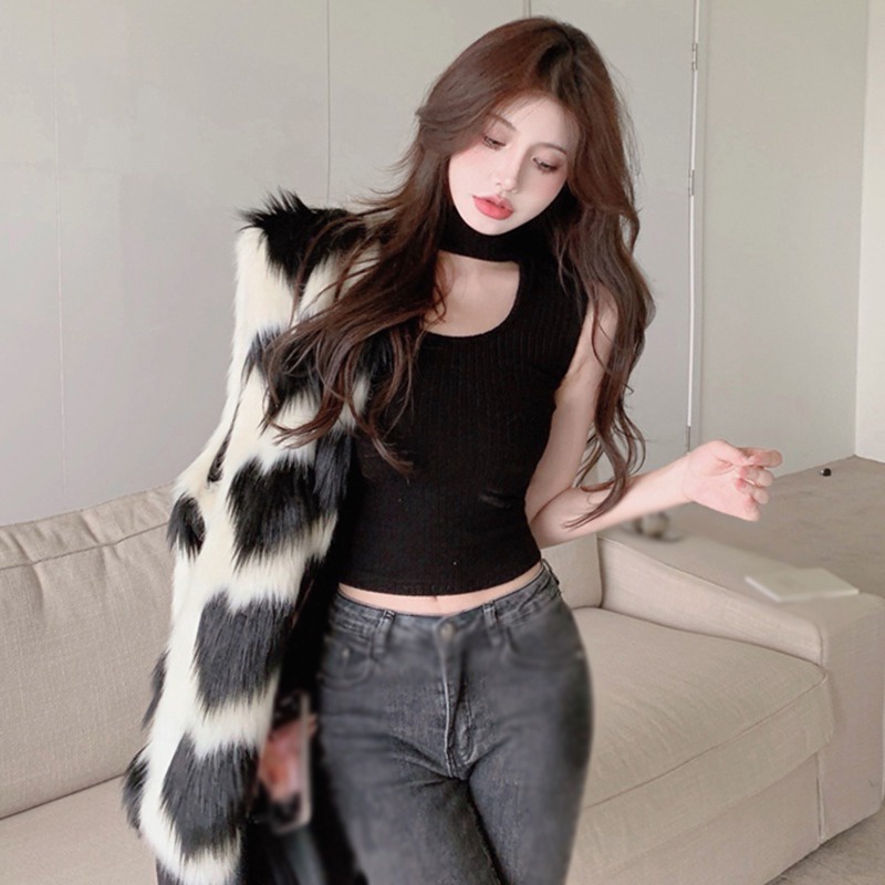 Áo Croptop Dệt Kim Sát Nách Cổ Lọ Màu Sắc Đơn Giản Nhẹ Nhàng Cho Nữ