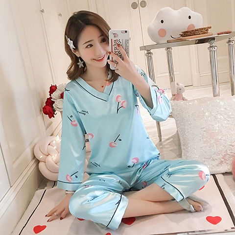 Bộ đồ ngủ tay dài chất lụa lạnh mỏng cỡ lớn kiểu Hàn Quốc dễ thương thời trang xuân thu cho nữ