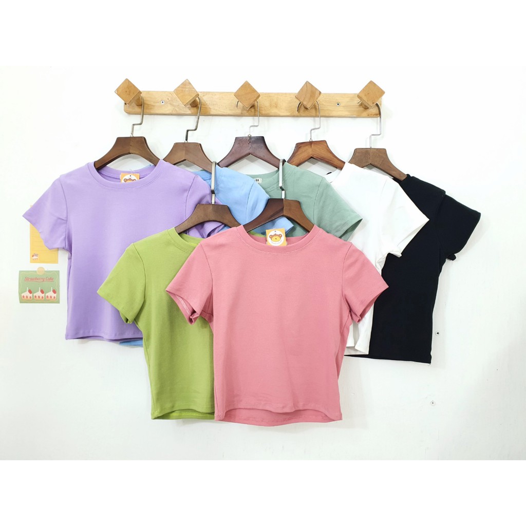 Áo thun croptop tay ngắn cổ tròn màu trơn phom ôm ULZZANG HÀN QUỐC BS14