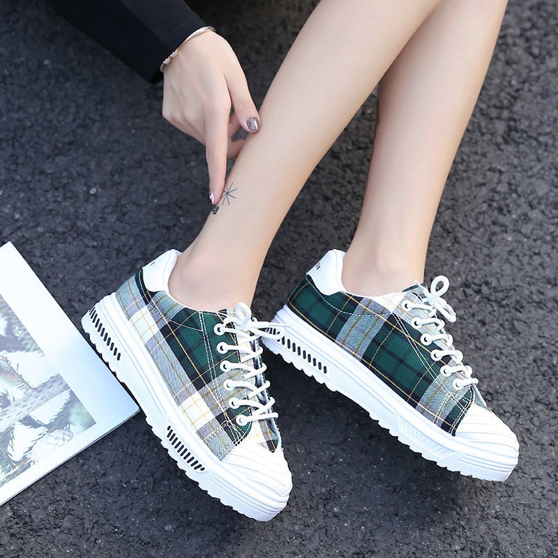 Giày Chạy Bộ Vải Canvas Thắt Dây Sọc Ca Rô Phong Cách Harajuku 2021 | BigBuy360 - bigbuy360.vn