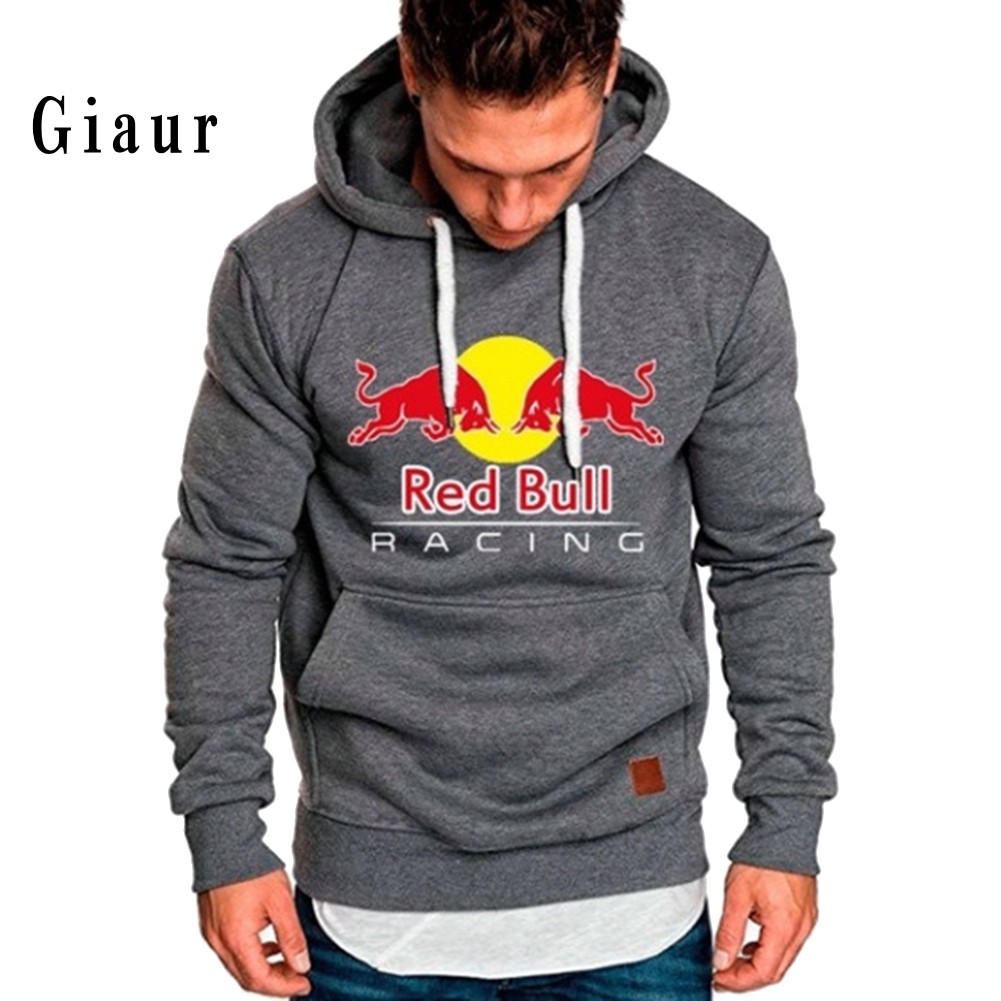 GIAUR  Outdoor Sport Men Red Bull Print Drawstring Hoodie Long Sleeve Hooded Sweatshirt