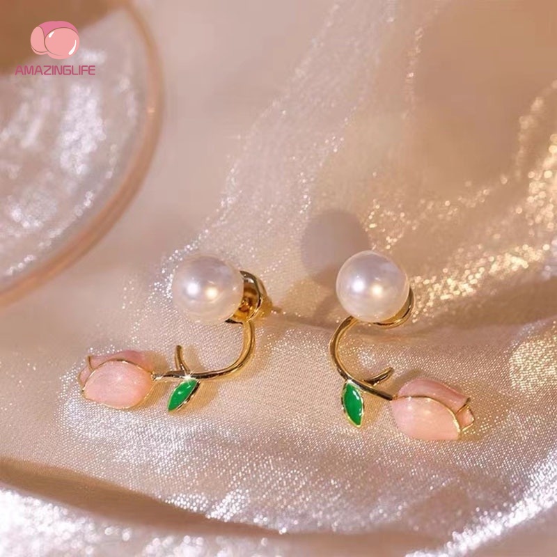 Bông Tai Hình Hoa Tulip Đính Ngọc Trai Giả Sang Trọng Cho Nữ