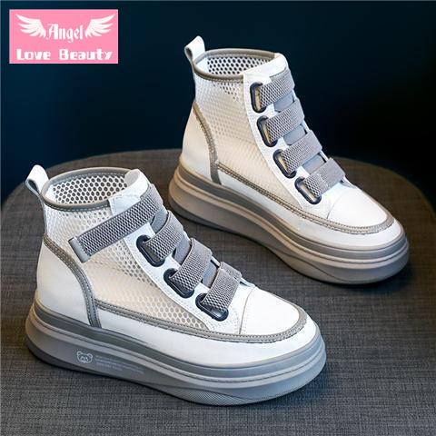 Giày Thể Thao Vải Canvas Phối Lưới Thoáng Khí Đế Dày Tăng Chiều Cao Thời Trang Mùa Thu 2021 Mới