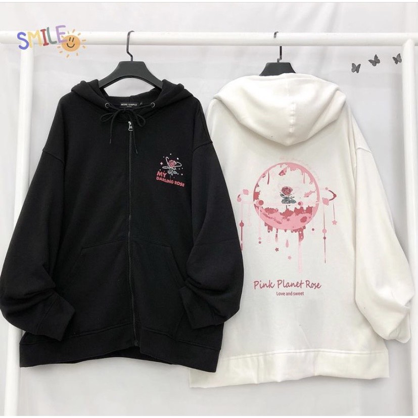 Áo khoác Hoodie dây kéo PLANET ROSE form rộng ulzzang Unisex + ẢNH THẬT