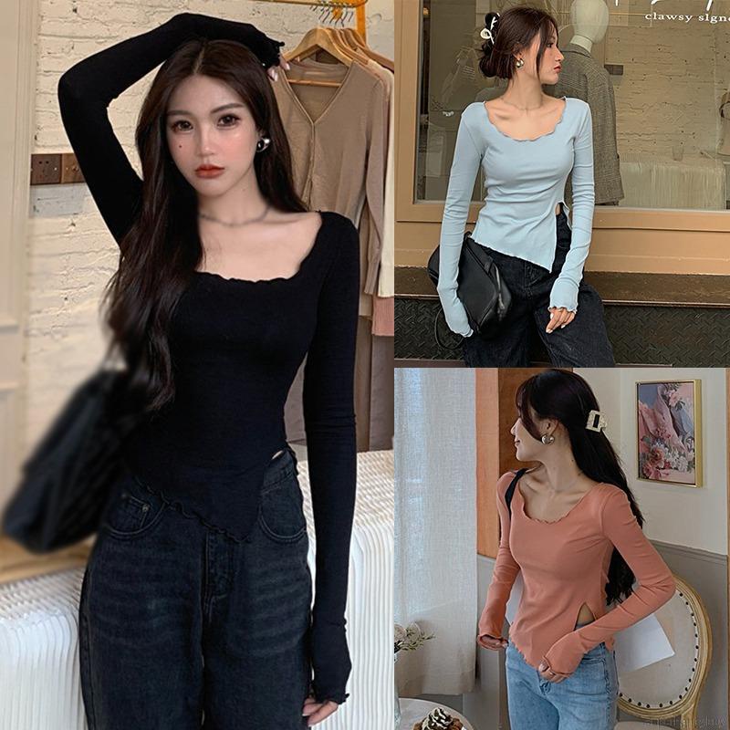 Áo Thun Tay Dài Dáng Ôm Kiểu Hàn Quốc Thiết Kế Lệch Tà Cá Tính Cho Nữ
