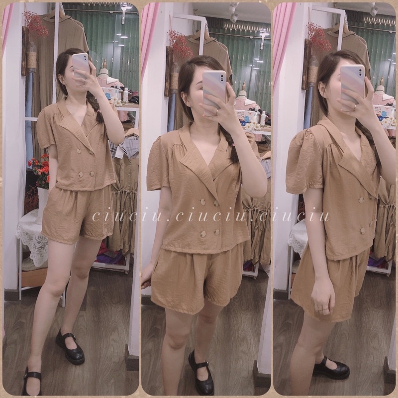 Set Áo Đũi Nâu Tay Bồng Nhẹ Bốn Cúc Kèm Quần Đùi Lưng Chun( SẴN/ẢNH SHOP)