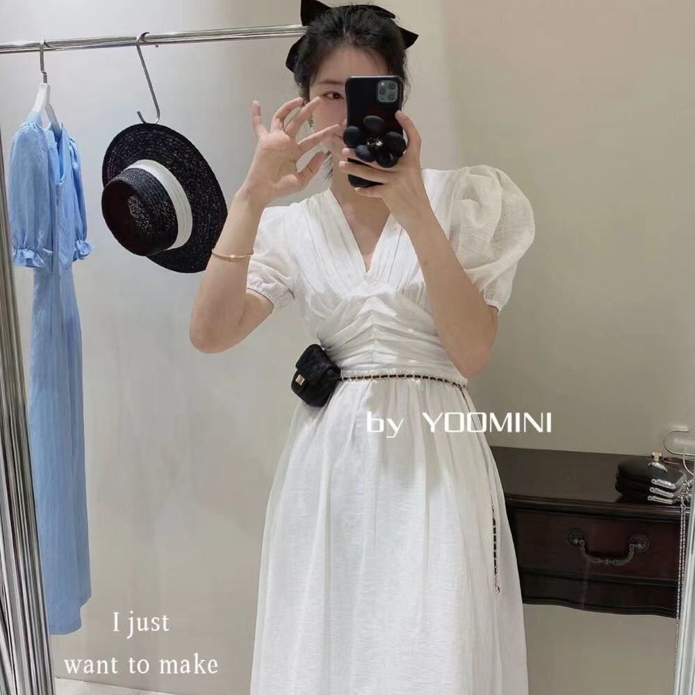 Đầm Tay Phồng Cổ Chữ V Xếp Ly Thời Trang Hàn Quốc Xinh Xắn