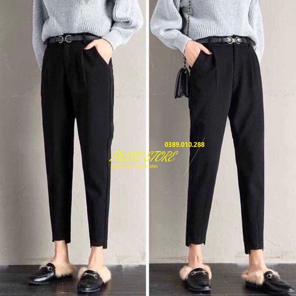 Quần tây baggy nữ ống lệch gấu lệch 9 tấc công sở cạp lưng cao dáng dài màu đen - Vải tuyết mưa - Mặc đi làm đi học xinh