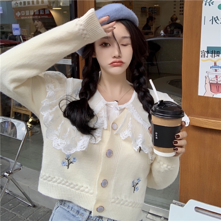 Áo Cardigan Dệt Kim Tay Dài Thêu Họa Tiết Phong Cách Hàn Quốc Dễ Phối Đồ
