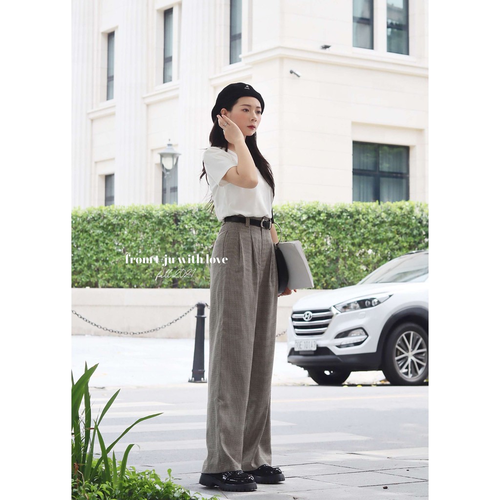 Quần suông kẻ caro cạp cao chiết ly túi chéo, Quần caro ống suông lưng cao Hàn Quốc, ulzzang, thiết kế T-Ju (Quần Lyly)