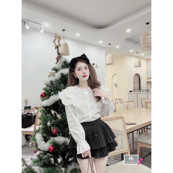 Áo sơ mi trắng cổ bèo đính ngọc áo trắng tiểu thư