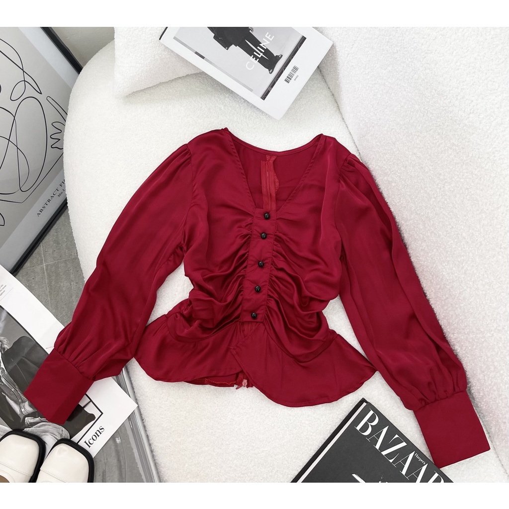 Áo peplum nữ, áo nữ kiểu tay dài cổ v nhíu ngực cực kỳ cá tính phối cúc xòe nhẹ cực xinh hàng cao cấp Diểm Shop | BigBuy360 - bigbuy360.vn