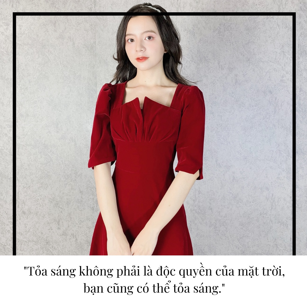 Váy công sở nữ vintage sang chảnh EMIX (màu đỏ), tay lỡ, xẻ ngực, dáng dài, thiết kế xẻ ngực, vải nhung mềm