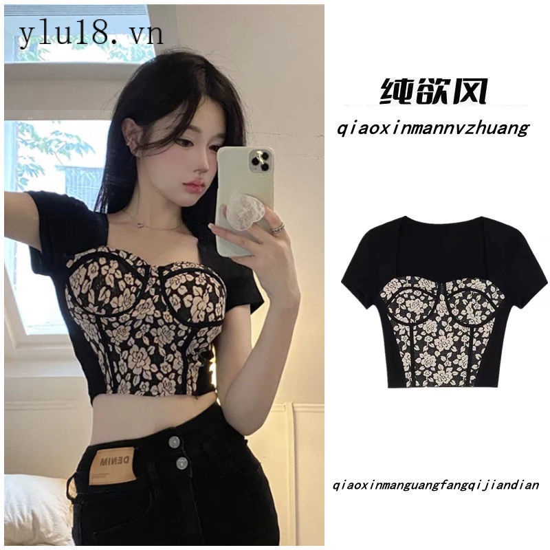 Hàng Có Sẵn Áo Thun Lụa Lạnh Mỏng Nhỏ Dáng Ngắn Hở Vai Ghép Mảnh Ghép Nối Trước Phong Cách Ngọt Ngào Thời Trang Mùa Hè Cho Nữ