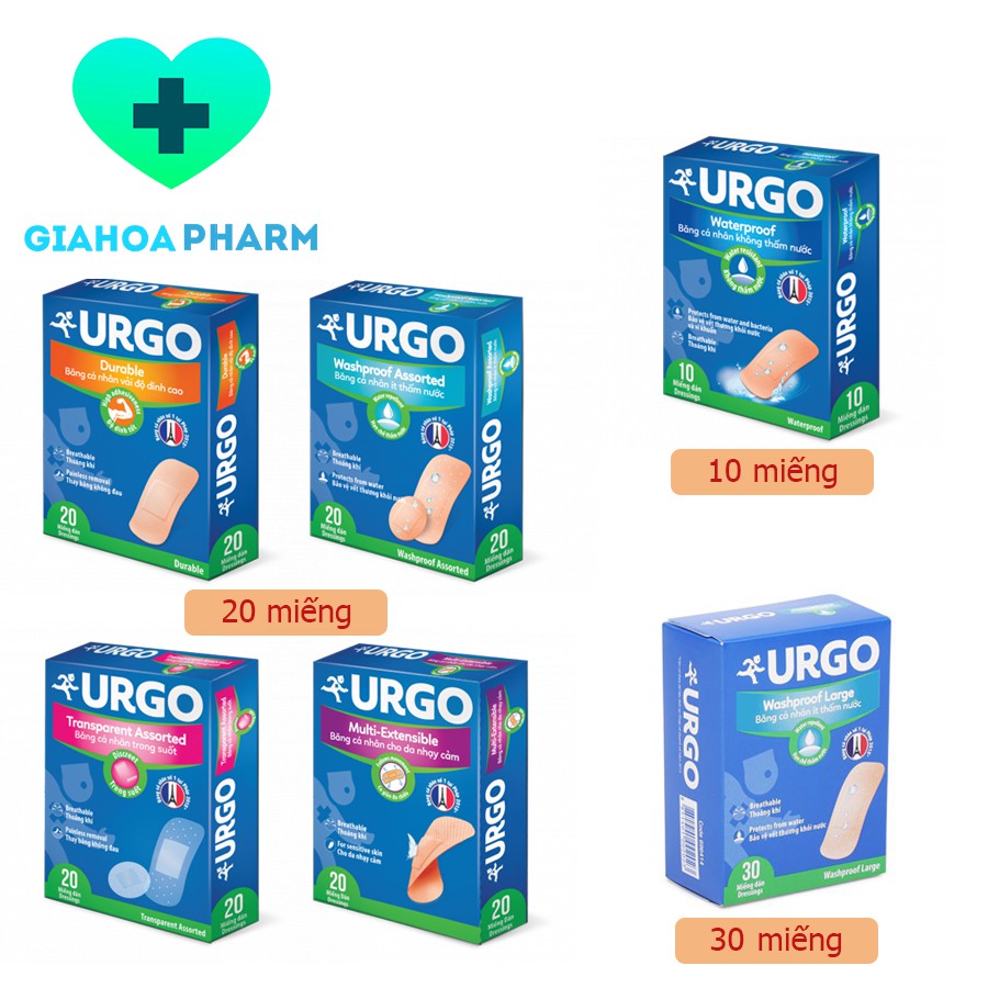 Băng cá nhân Urgo hộp nhỏ, cho da thường, da nhạy cảm, tiếp xúc nước, chống nước (vải / đục / trong) [băng gâu]