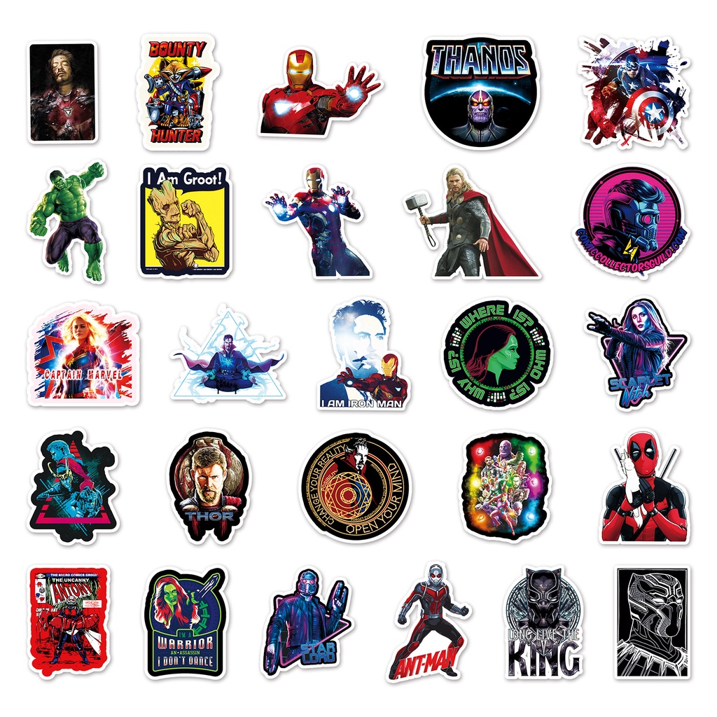 Combo 30 Sticker Chống Nước Decal Dán Điện Thoại Laptop Mũ Bảo Hiểm Vali Đàn Guitar Bình Nước Sổ Tay [Avengers Marvel]