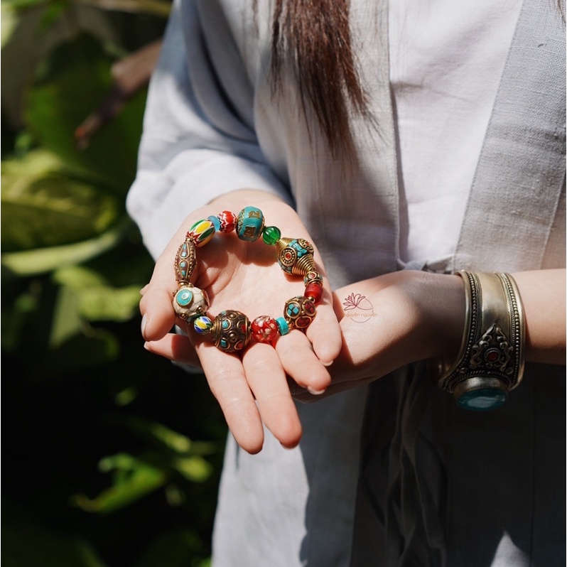 -Vòng tay thiết kế, Lưu Ly charm Inlay Tây Tạng - Bình an thu hút vận khí - Mẫu thiết kế