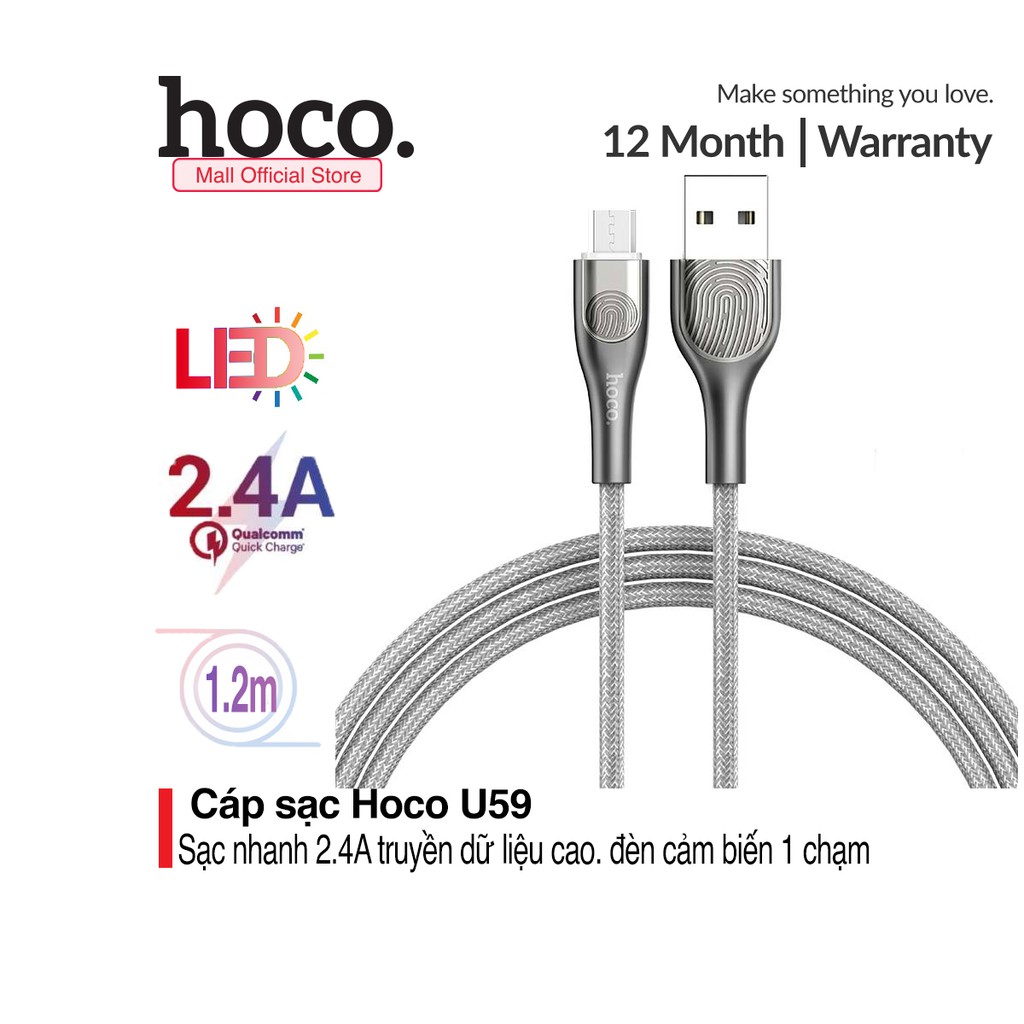 Cáp sạc Micro USB Hoco U59 tương thích các dòng điện thoại di động/ máy tính bảng ( 2.4A, đèn cảm biến một chạm, 1.2m )