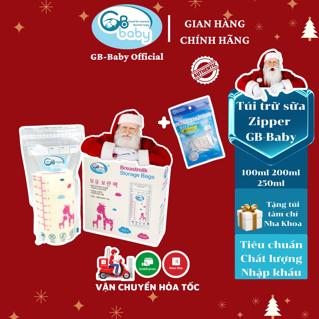 Hộp 50 túi trữ sữa mẹ GB-Baby 250ml 200ml 100ml Tặng Túi tăm chỉ nha khoa