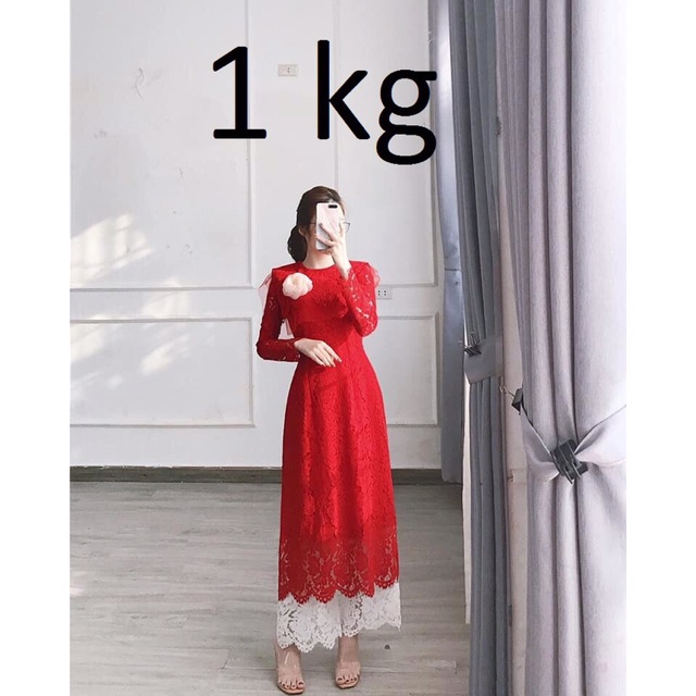 Áo dài ren thanh lý hàng may tay ( cả bộ áo ren và quần ren đồng kiểu ren ) có nơ hoa , chân mí viền ren