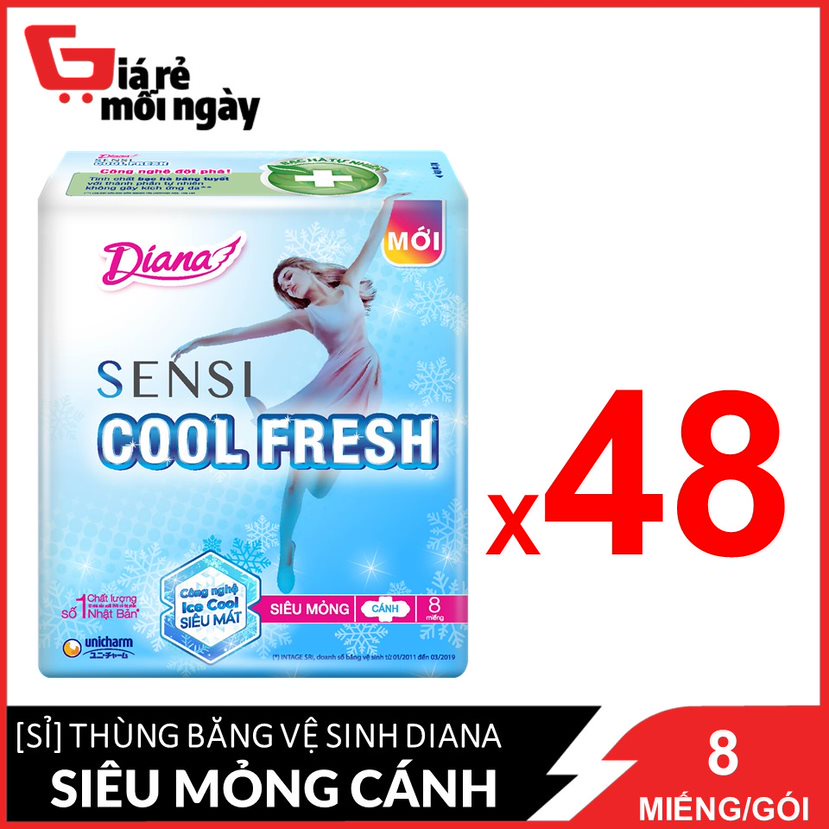 [Giá sỉ] Nguyên thùng Băng vệ sinh Diana Sensi Cool Fresh siêu mỏng cánh 8 miếng/góiX48