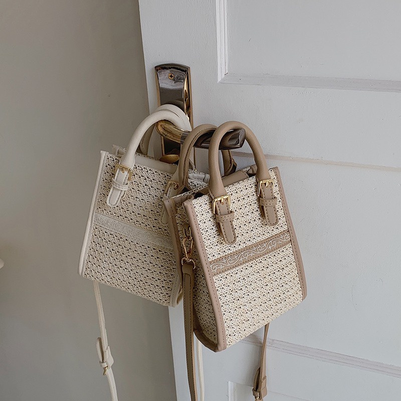 Túi cói viền da hình chữ nhật phong cách Hàn Quốc mới nhất 2022