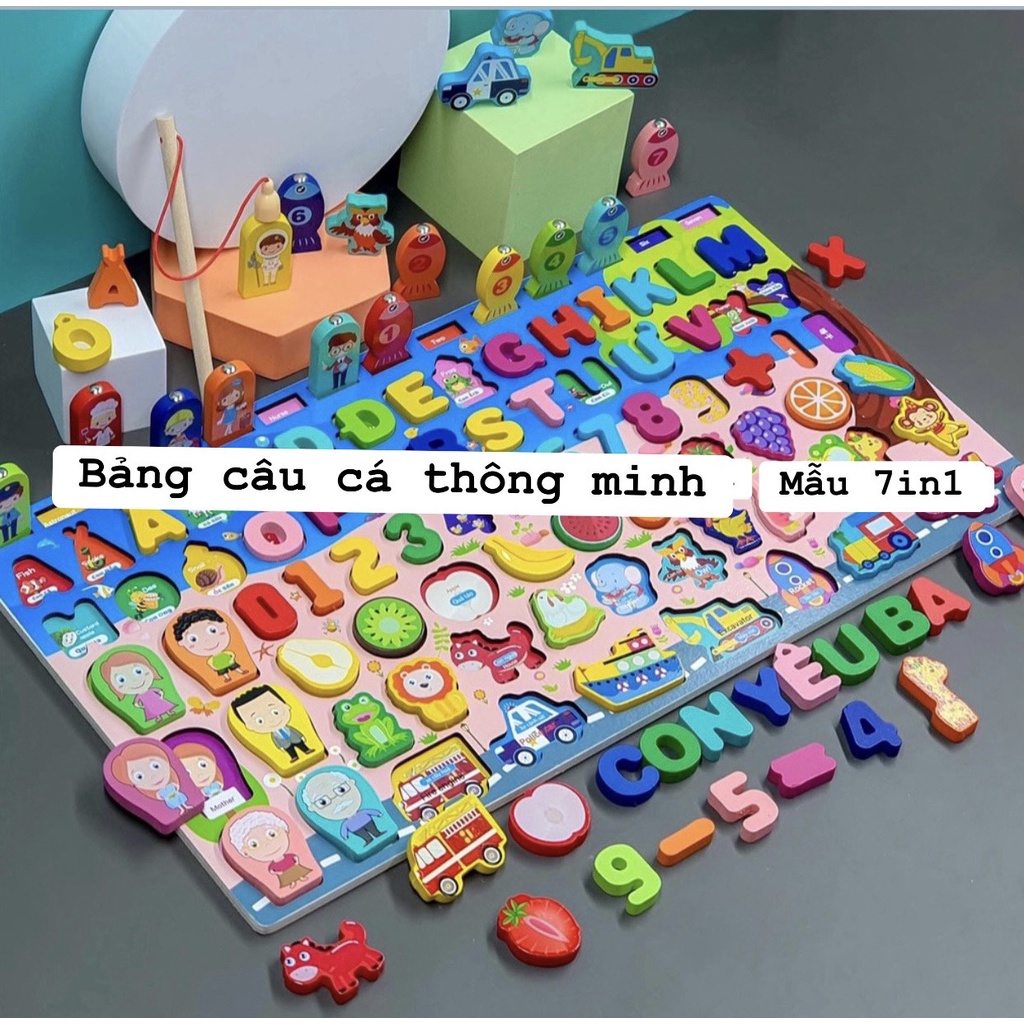 (Mẫu mới 2022 Tiếng Việt) Đồ chơi phát triển trí tuệ bằng gỗ 7 trong 1 gồm 89 chi tiết, Bảng học chữ số,ghép hình cho bé