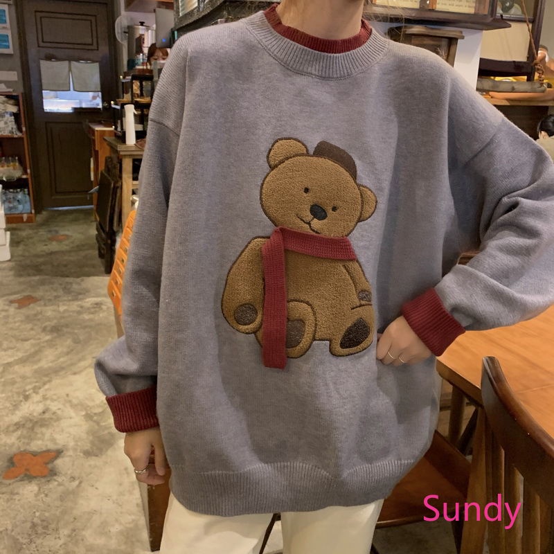 Áo sweater dài tay dáng rộng phong cách retro thời trang mùa đông cho nữ