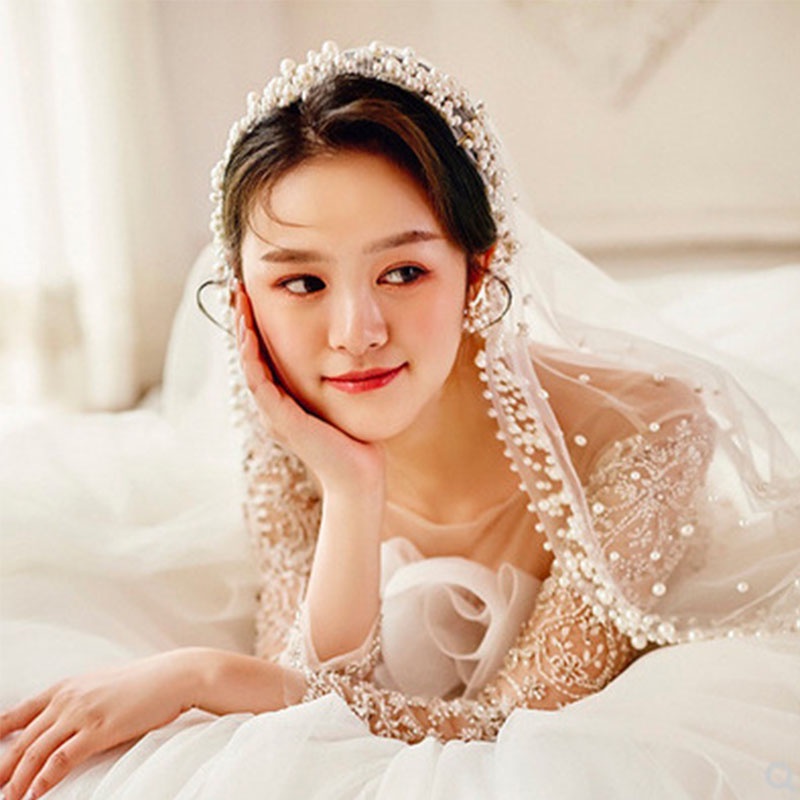 Khăn voan đính ngọc trai nhân tạo phong cách ngọt ngào thời trang cho cô dâu