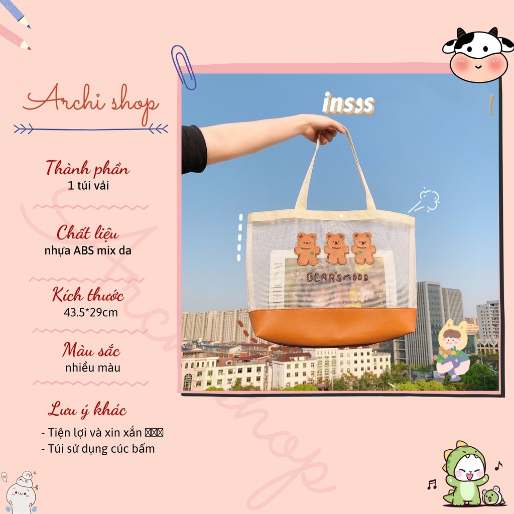 Túi tote dạng lưới thêu hình những chú gấu