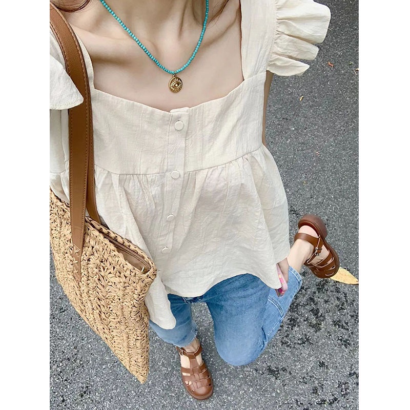 Áo Cổ Vuông Viền Bèo Màu Sắc Ngọt Ngào Thời Trang Hàn Quốc Cho Nữ