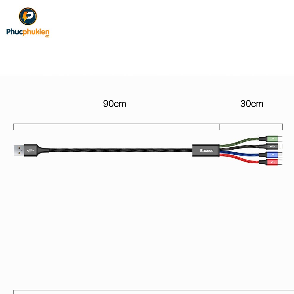 Cáp sạc nhiều đầu chính Hãng Baseus Rapid gồm 2 đầu Lightning + 1 đầu Micro Usb + 1 đầu Type C - Phúc Phụ Kiện