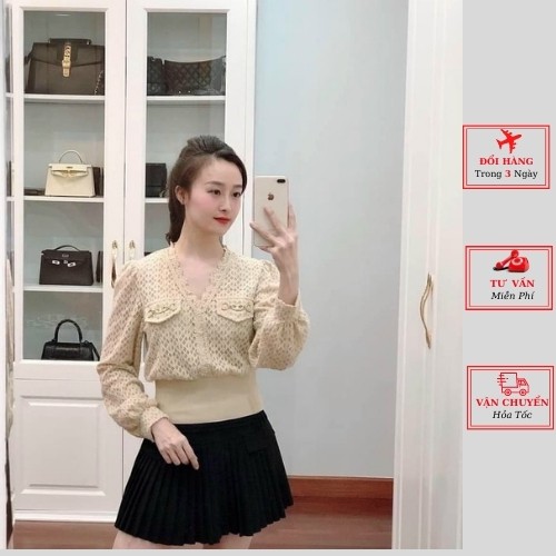 Áo ren nữ công sở cổ chữ V hai lớp ulzzang Hàn Quốc