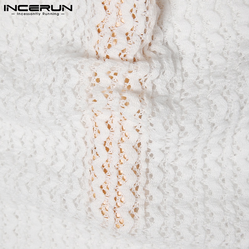 Áo kiểu INCERUN thiết kế tay ngắn trơn màu có lỗ xuyên thấu dành cho nam mùa hè