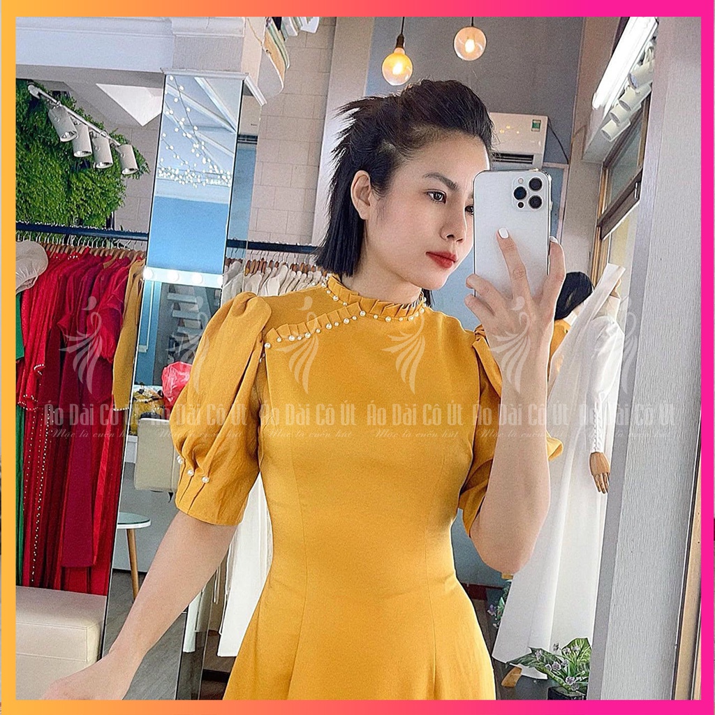 Áo Dài Lụa Tây Thi Cổ Xếp Ly Tay Bồng Đính Hạt Hàng May Sẵn