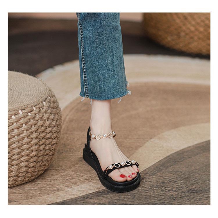 Giày Sandal Đế Dày Đính Ngọc Trai Phong Cách Hàn Quốc Thời Trang Mùa Hè Hàng Mới Dành Cho Nữ 2022