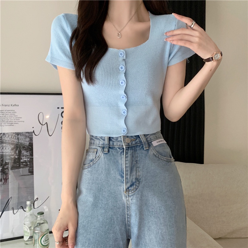 Áo Cardigan Dệt Kim Ngắn Tay Cổ Vuông Màu Sắc Ngọt Ngào Cho Nữ OOP13